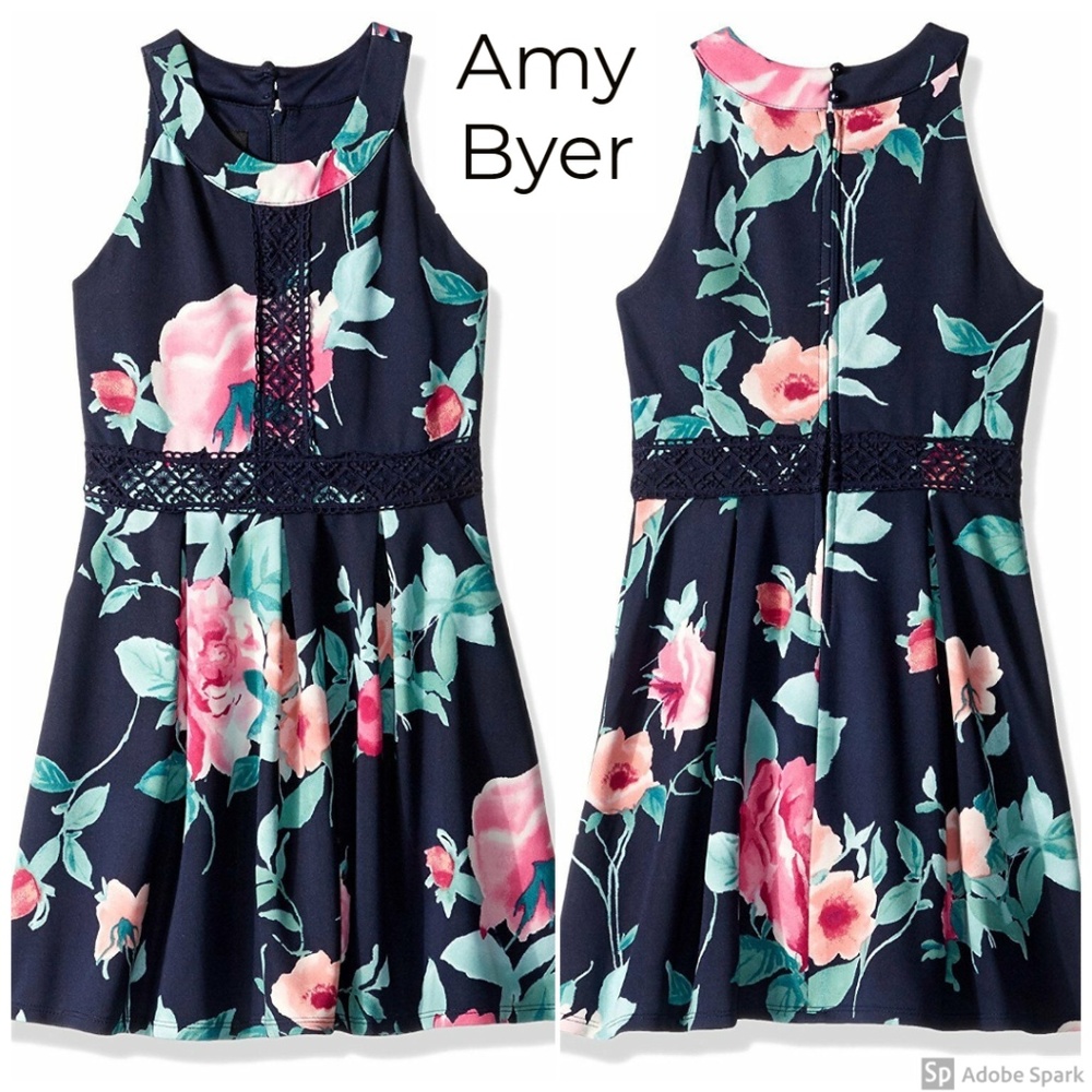 Amy Byer Girls Navy Floral Scuba Fit n Flare Dress Size 8 Sleeveless NWT - Picture 1 of 7